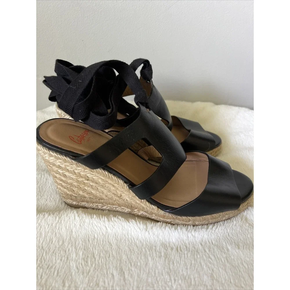 Castaner Black Leather Espadrille Wedge Heel Sandal Shoes Size 37